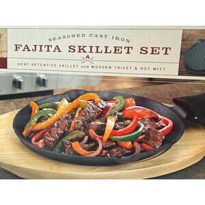 Cast Iron Fajita Skillet Set w Wooden Base Sizzling Platter NEW Parini